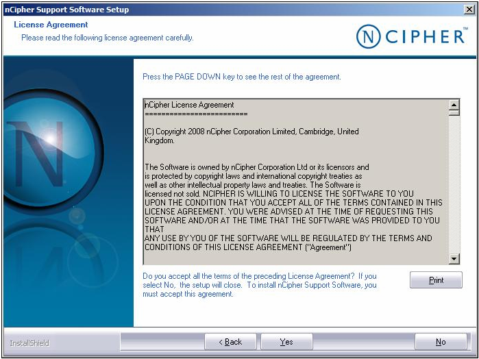 nCipher Support Software Setup window License Agreement screen